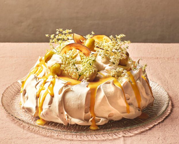 Gooseberry and toasted coconut pavlova