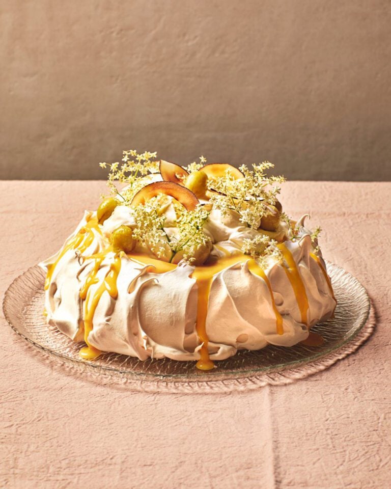 Gooseberry and toasted coconut pavlova