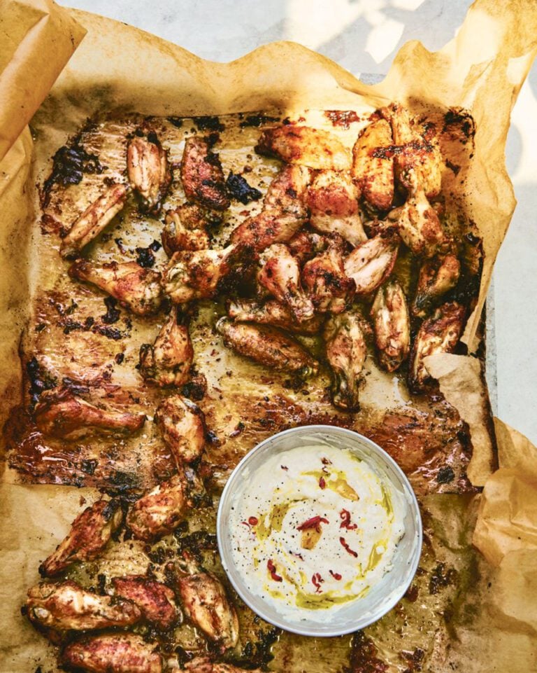 Lemon and oregano chicken wings with feta dip