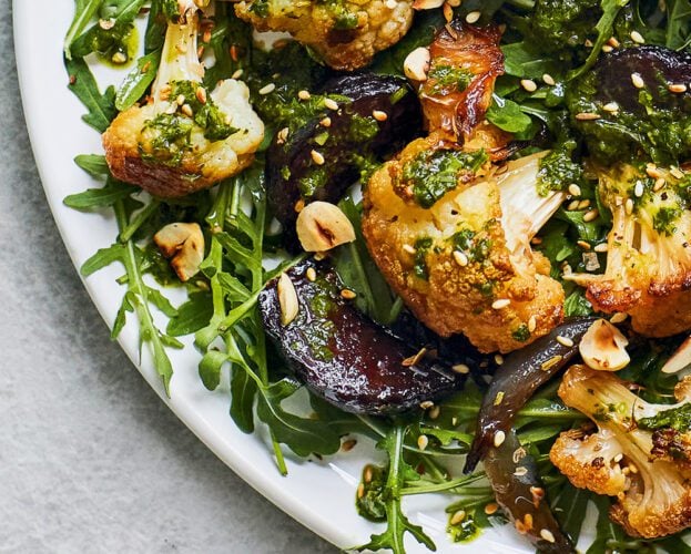 Roasted vegetable salad with green lemon dressing
