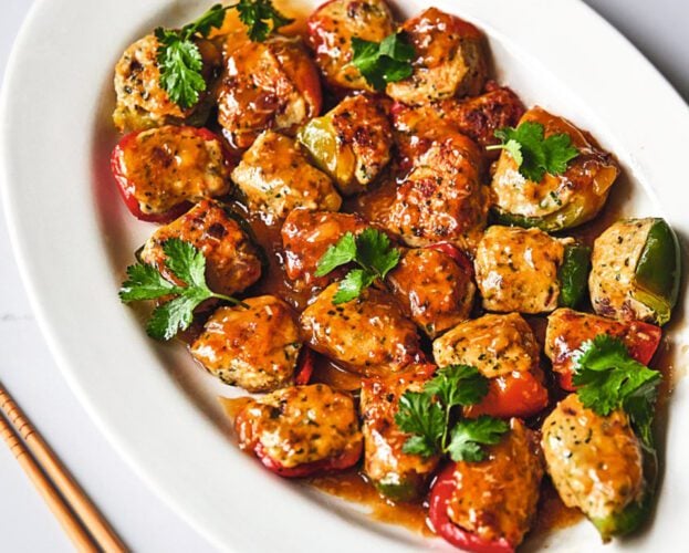 Chinese chicken, prawn and lap cheong stuffed peppers