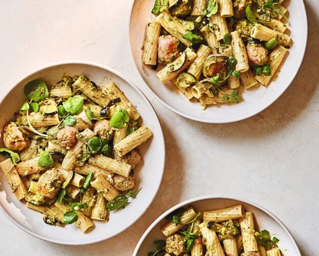 Sausage, courgette and watercress pesto pasta