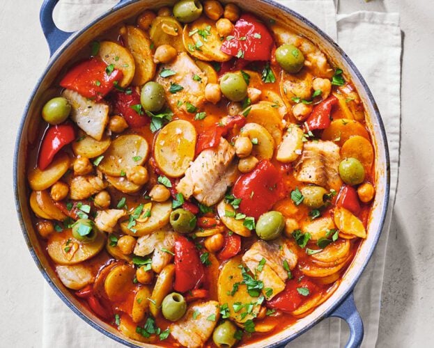 Pollock, red pepper and olive stew