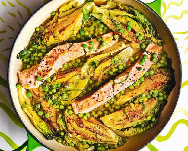 Braised lettuce with trout, peas and mint