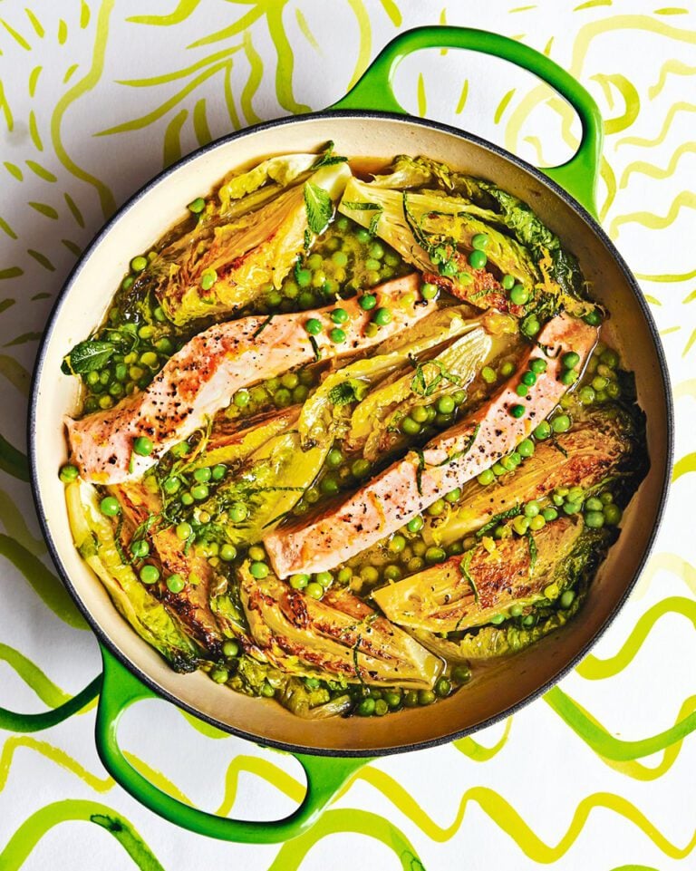 Braised lettuce with trout, peas and mint
