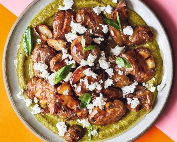 Crispy smashed potatoes with green romesco