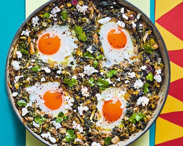 Green shakshuka with feta and herbs