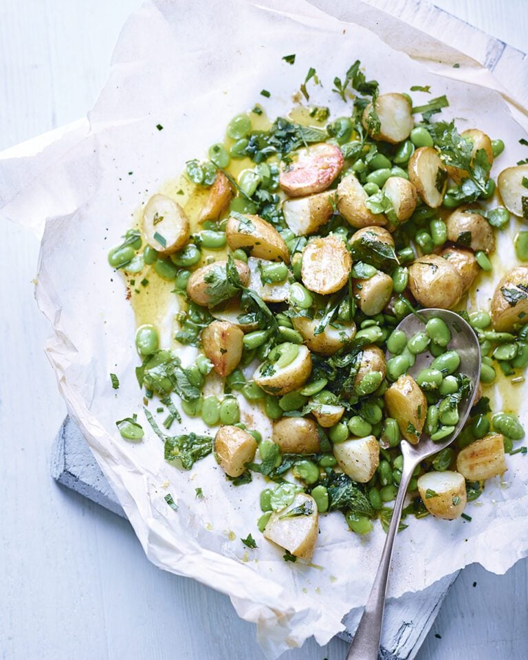 Buttery jersey royal potatoes with broad beans, mint and lemon