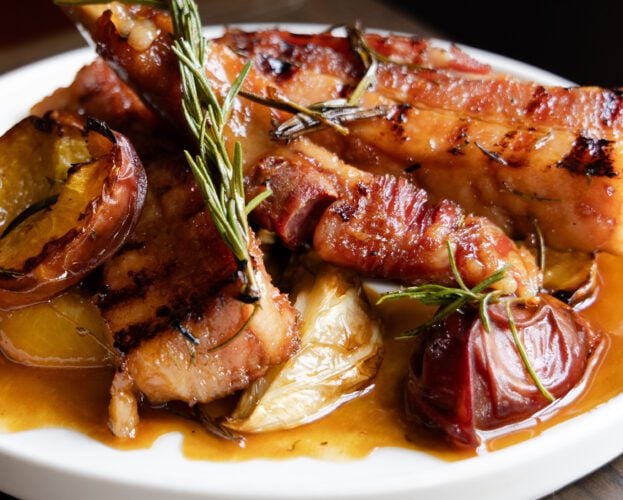 Ben Tish’s pork belly ribs with roasted peaches and fennel