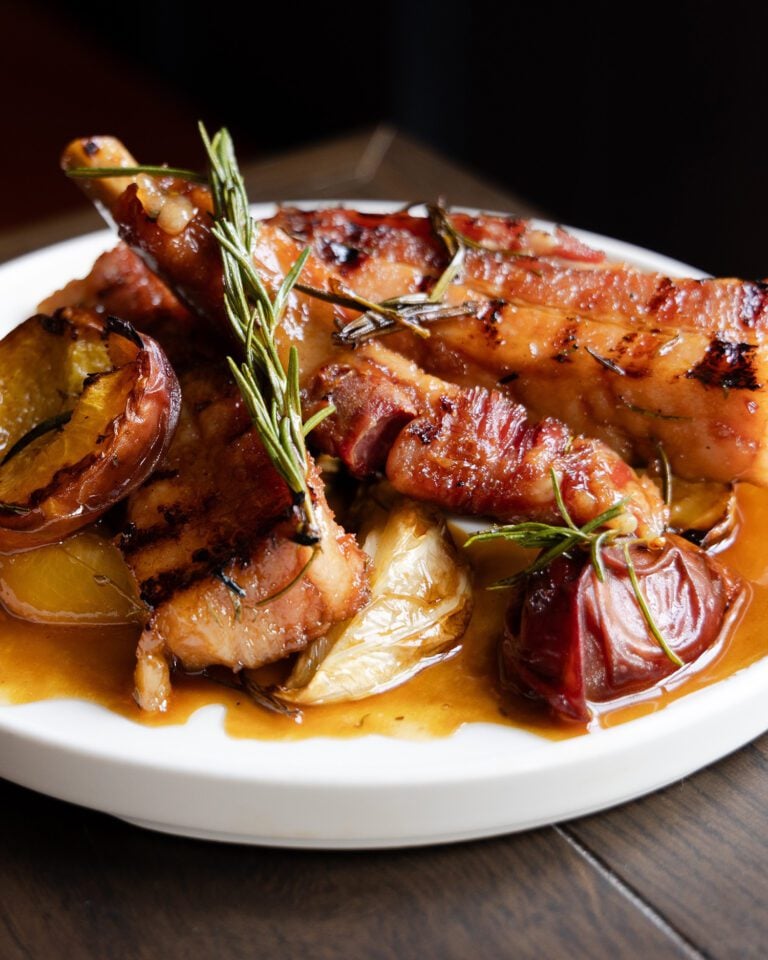 Ben Tish’s pork belly ribs with roasted peaches and fennel
