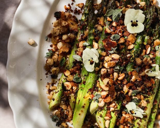 Emily Scott's roast asparagus with hazelnuts, garlic, marjoram and sourdough crumbs
