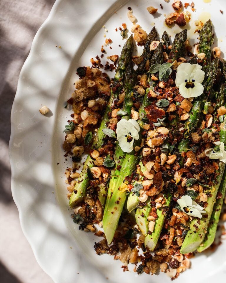 Emily Scott’s roast asparagus with hazelnuts and sourdough crumbs