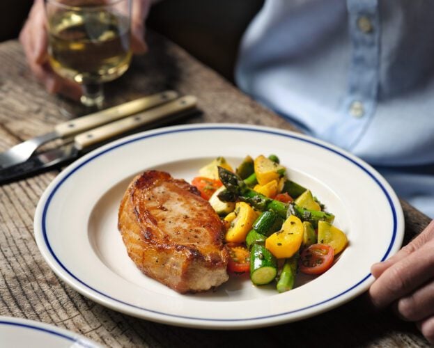 Michel Roux Jr’s pork steaks with summer vegetables