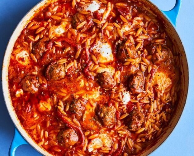 One-pot harissa meatball orzo