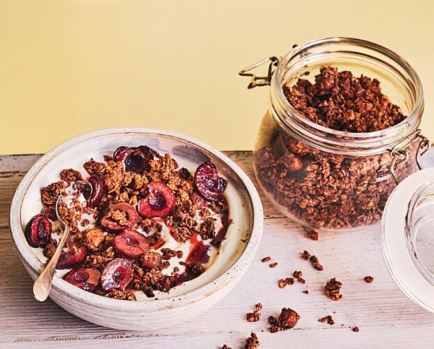 Roasted cherries with cocoa and hazelnut granola