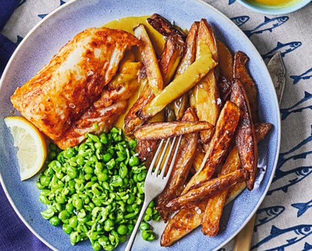 Fish and chips with no-waste shell curry sauce