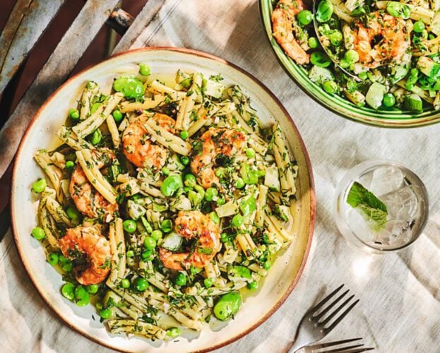 Pink and green prawn and pasta salad