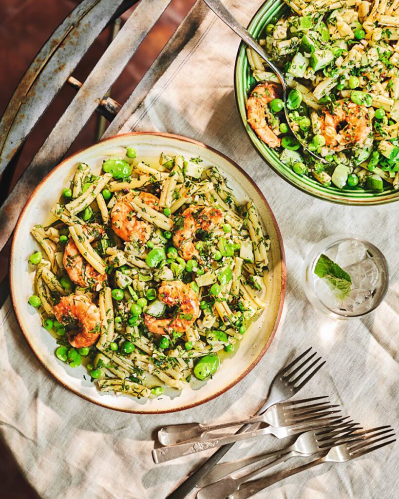 Pink and green prawn and pasta salad