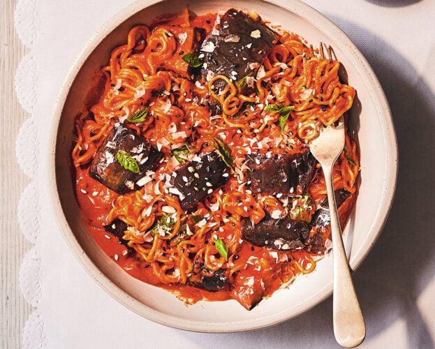 Creamy gochujang aubergine noodles