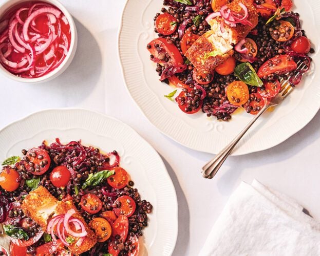 Puy lentil and tomato salad with jammy onions and crispy feta