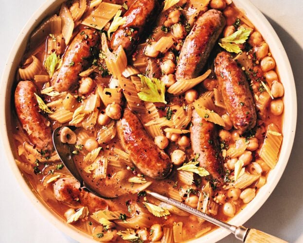 Sausage casserole with braised celery and chickpeas