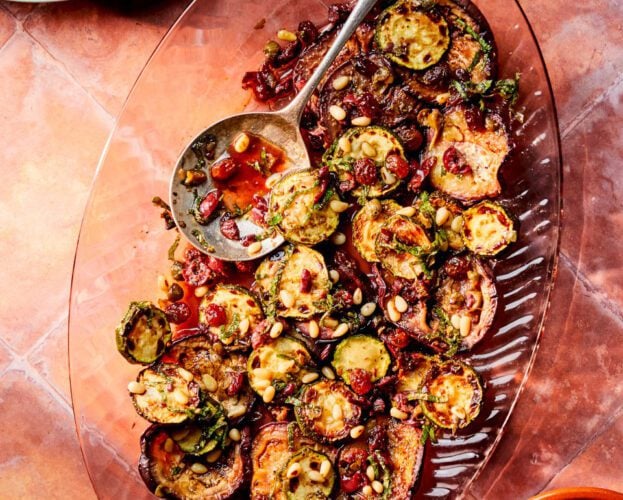 Charred aubergines with caponata dressing
