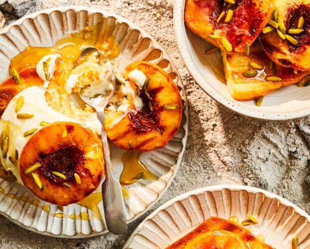 Grilled peaches with rose-scented madeira cake