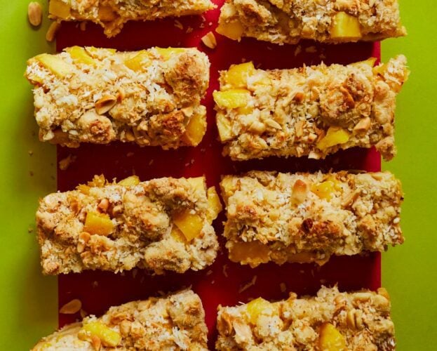 Mango and peanut crumble custard bars