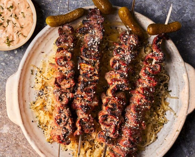 Reuben steak skewers with sauerkraut