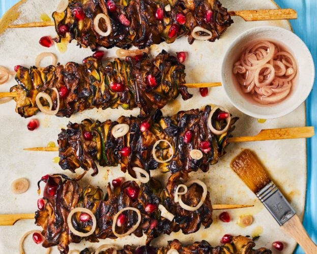 Aubergine and courgette shawarma skewers