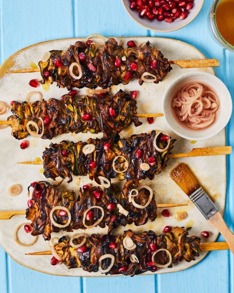 Aubergine and courgette shawarma skewers