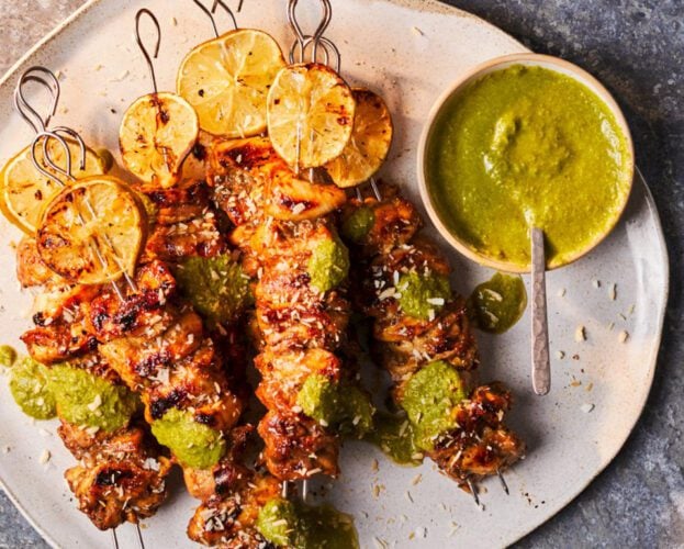 Tamarind chicken skewers with coriander chutney