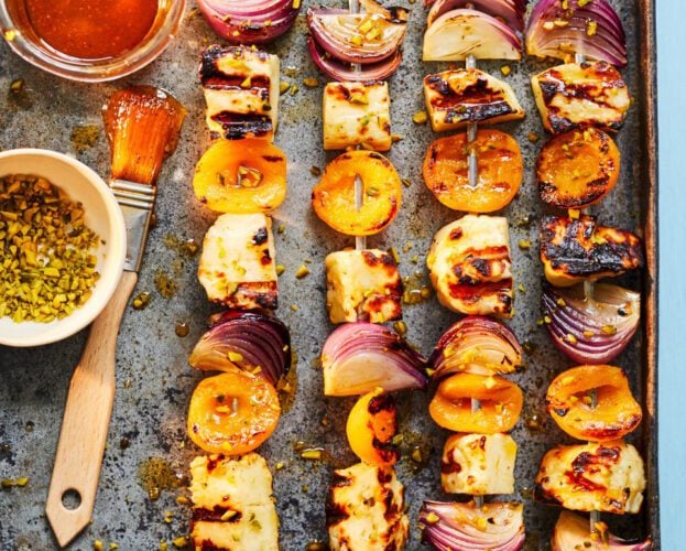 Halloumi, apricot and pistachio skewers