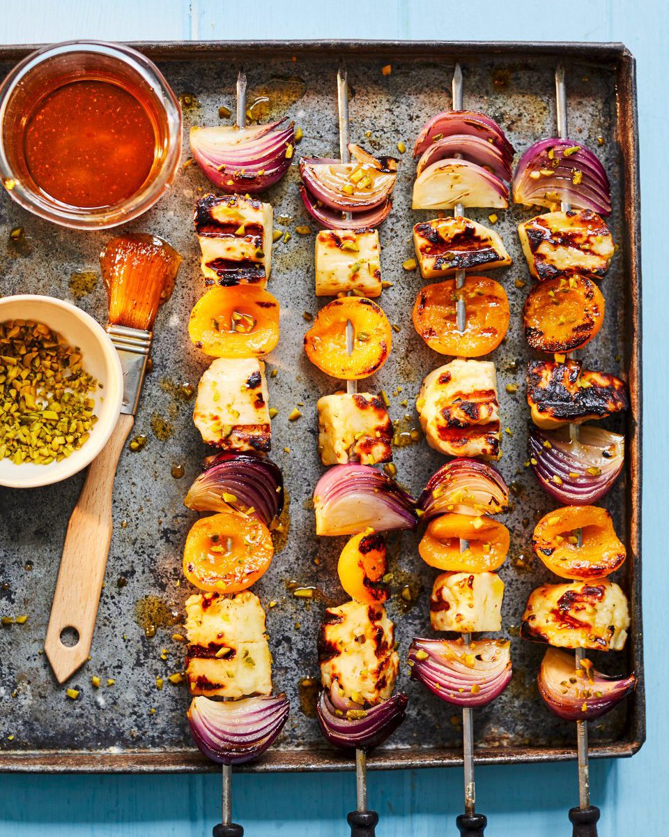Halloumi, apricot and pistachio skewers - delicious. magazine