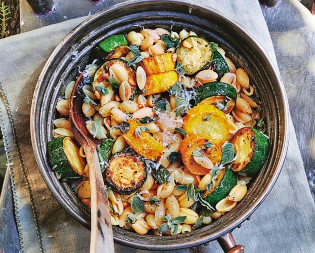 Summer courgettes with malloreddus, parmesan and oregano