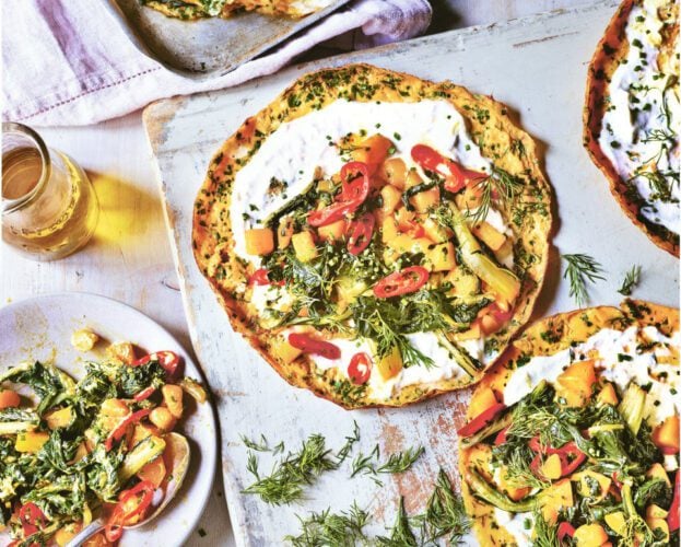 Chard, potato and chilli saffron omelettes with yogurt