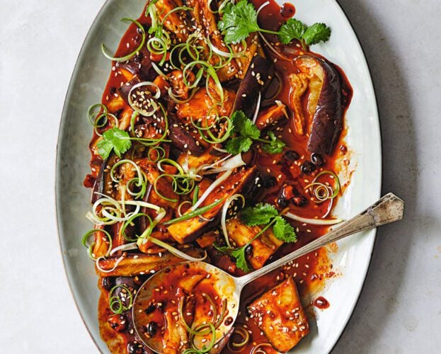 Steamed aubergine in a peanut and chilli dressing