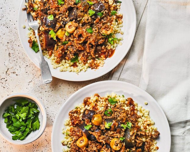 Lamb, aubergine and olive stew with couscous