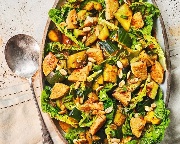 Smacked cucumber, tempeh and peanut salad