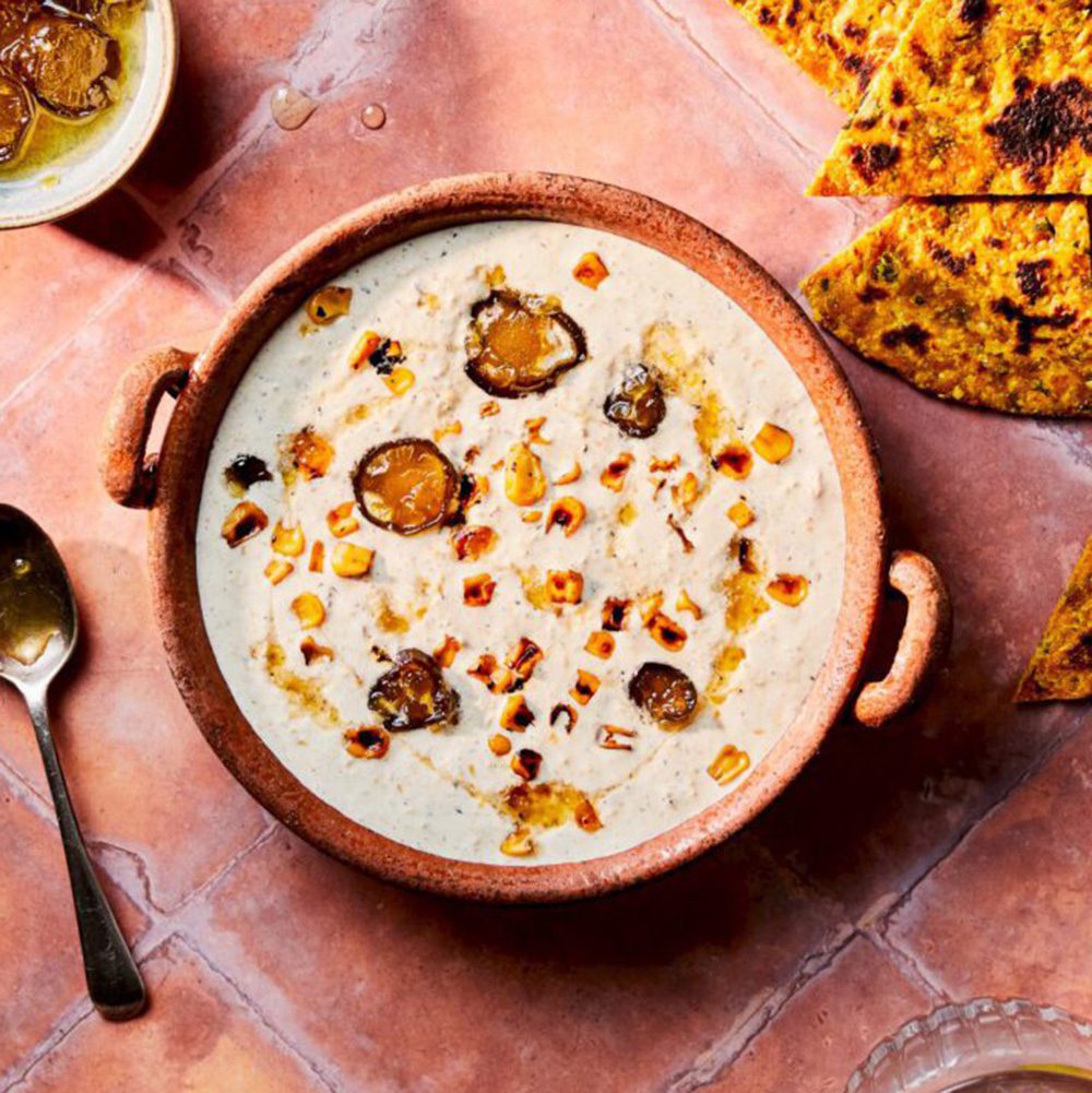Burnt sweetcorn soured cream dip with candied jalapeños