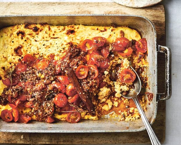 Baked ricotta with cherry tomatoes, chilli and sesame
