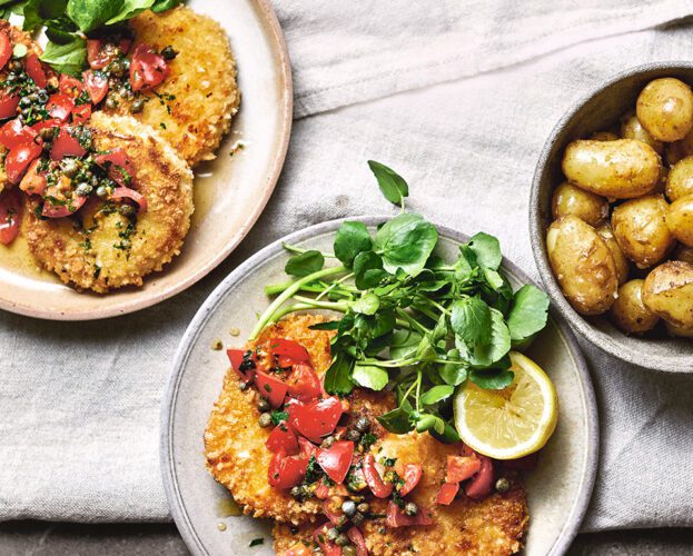 Celeriac schnitzels with brown butter, tomato and caper sauce
