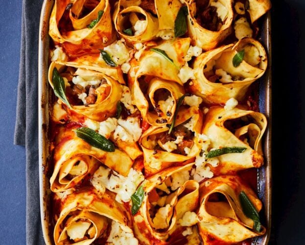 Squash, sausage and goat’s cheese pasta rotolo