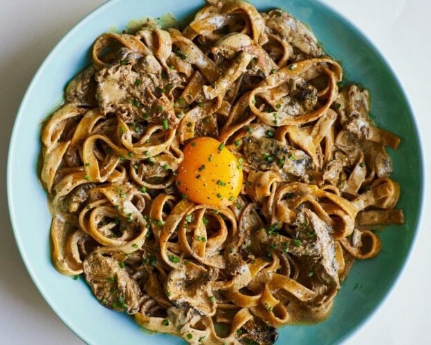 Creamy mushroom egg yolk pasta