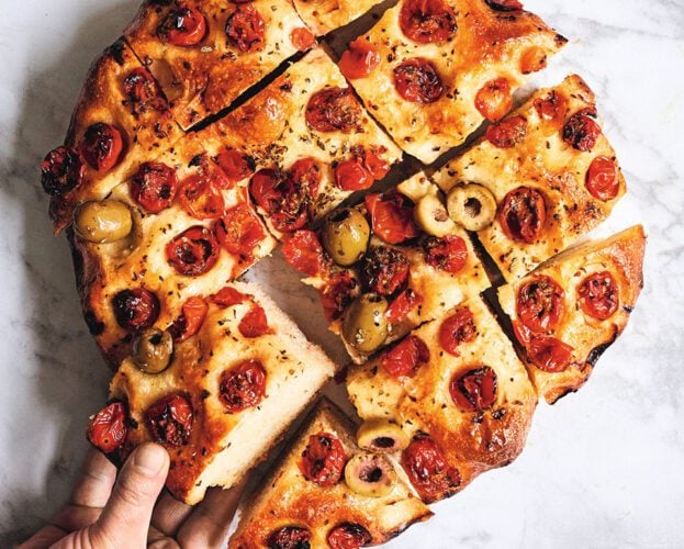Focaccia barese (tomato and olive focaccia)
