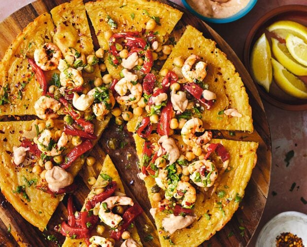 Socca (or farinata) with prawns, chickpeas and peppers