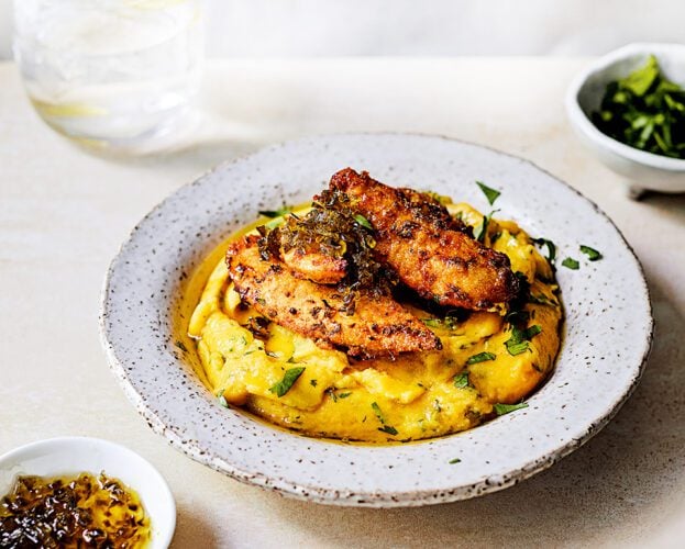 Crispy chipotle chicken with cheesy polenta and jalapeño jam