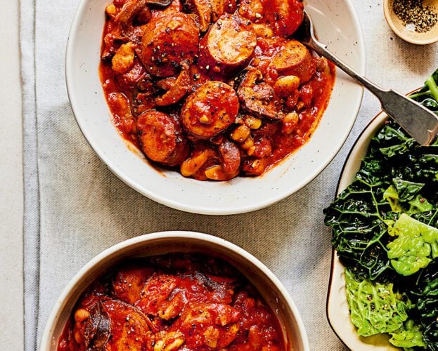 Smoked sausage, mushroom and bean stew