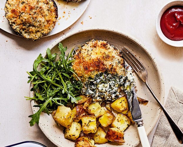 Spinach and ricotta stuffed mushrooms with rosemary potatoes