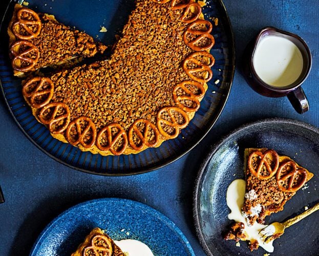 Salted maple pretzel pie with two slices on plates
